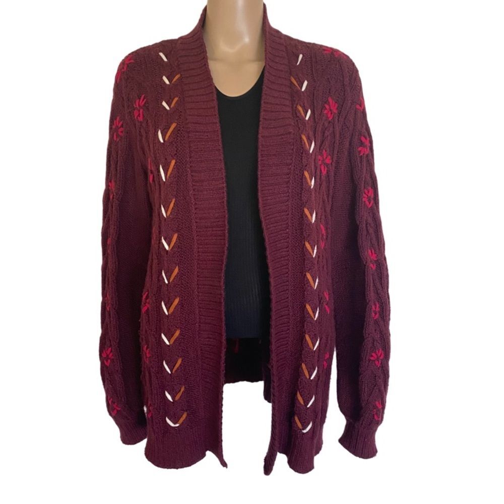 Shyanne Maroon Long Sleeve Cotton Blend Embroidered Open Knit Cardigan Size M